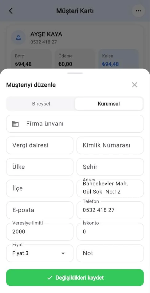 Mobil müşteriyi düzenle penceresi: Fiyat alanında Fiyat 3