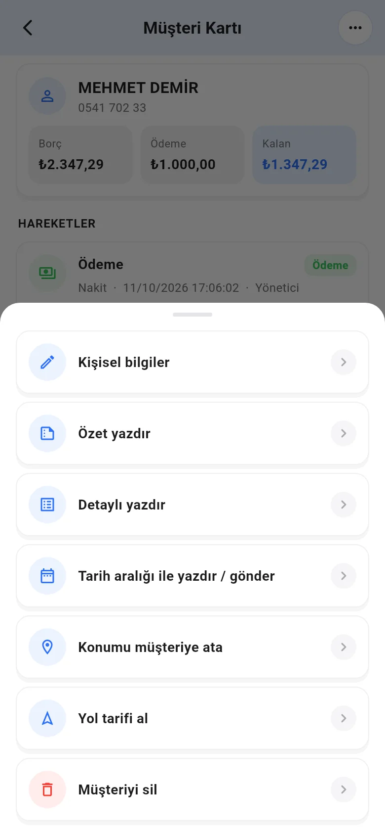 Mobil müşteri kartı işlemler menüsü