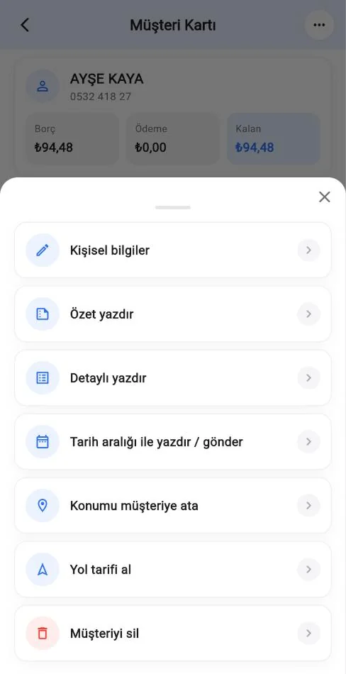 Mobil müşteri kartı işlemler menüsü: Kişisel bilgiler