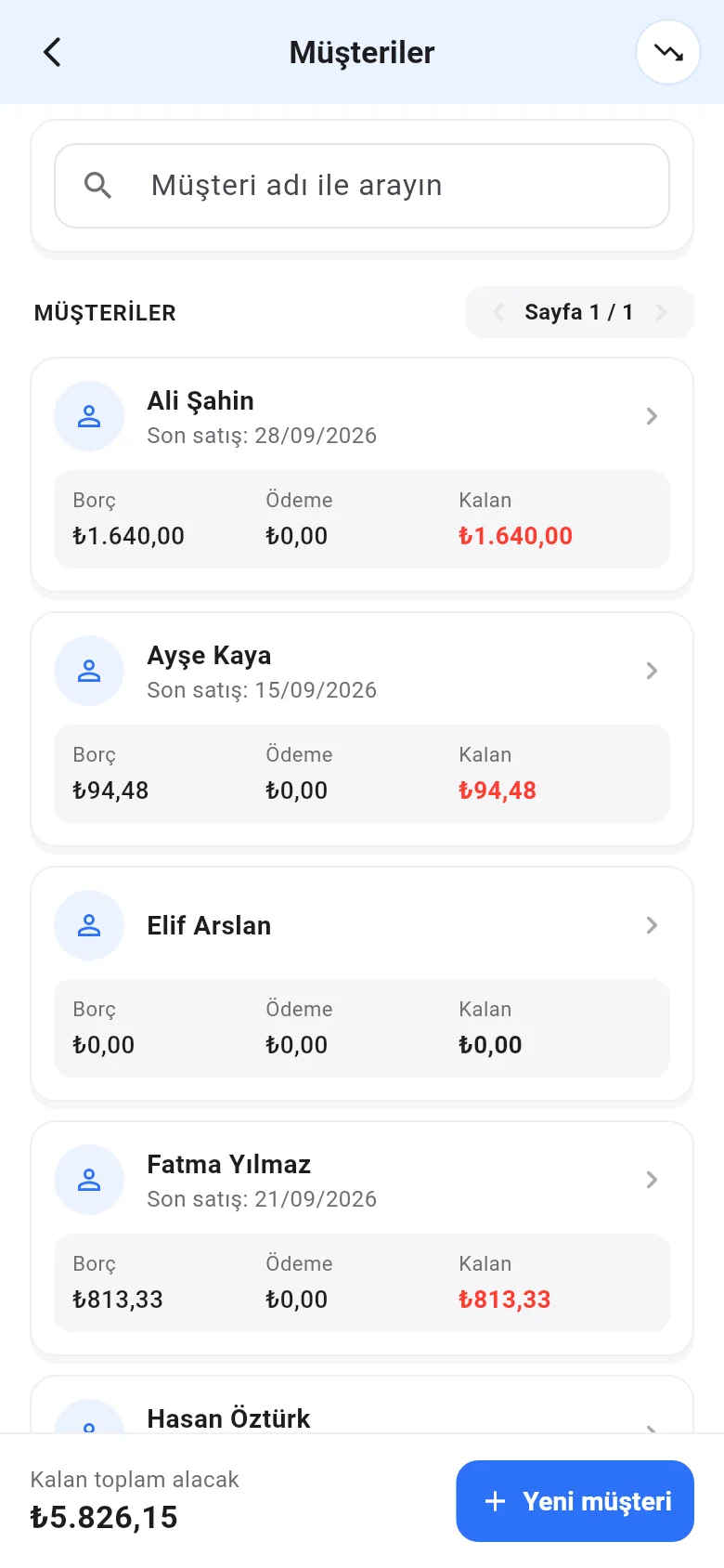 Mobil müşteriler listesi: arama, borç, ödeme, kalan ve yeni müşteri
