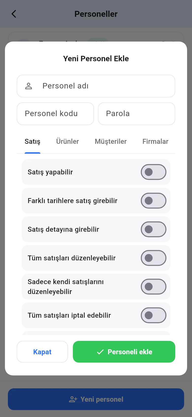 Mobil yeni personel formu ve yetki sekmeleri