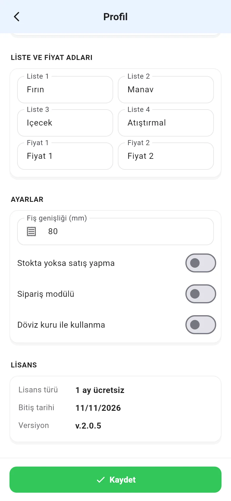 Mobil Profil sayfasının altında lisans türü ve bitiş tarihi