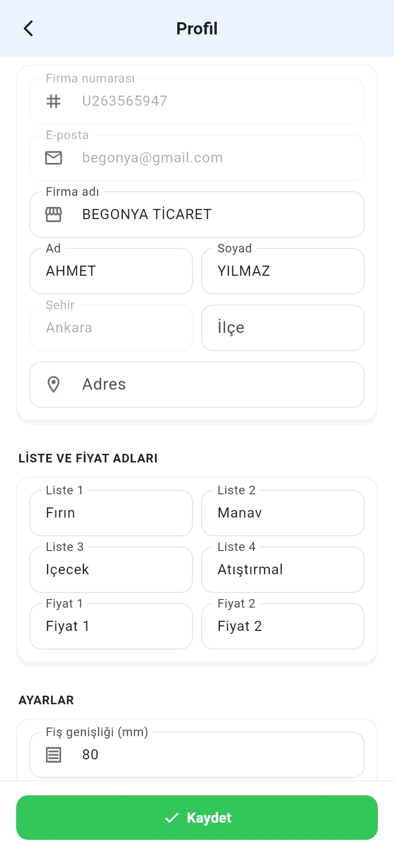 Mobil Profil sayfası: firma bilgileri ve liste adları