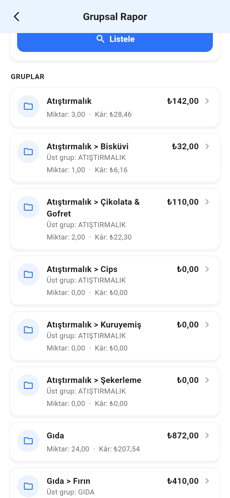 Mobil grupsal rapor: gruplara göre satış ve kâr