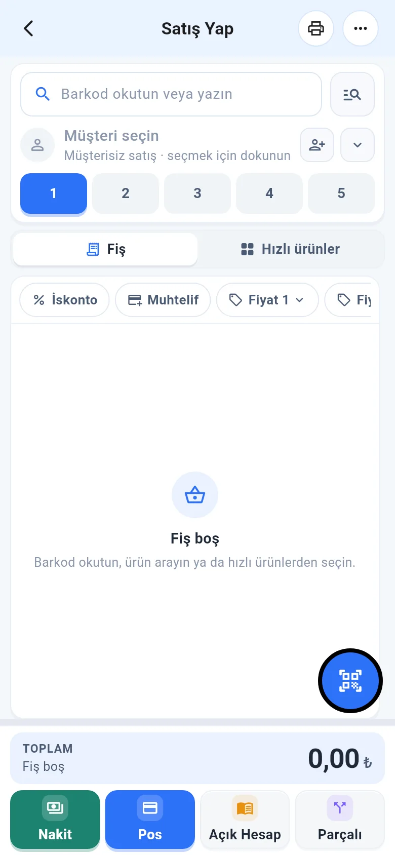 Mobil satış ekranı: barkod alanı, müşteri, fiş sekmeleri, hızlı ürünler ve ödeme düğmeleri