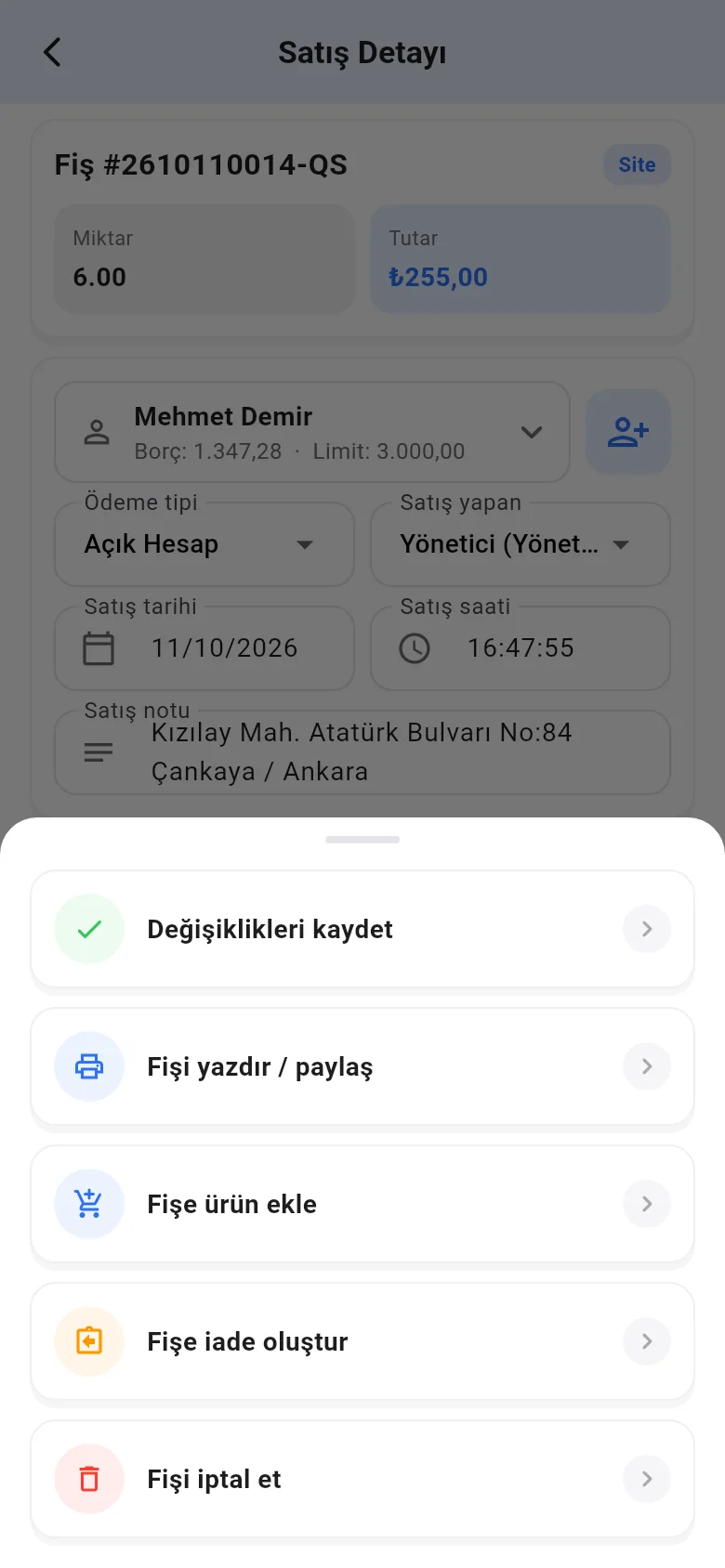 Mobil satış detayı işlemler menüsü: kaydet, yazdır, fişe ürün ekle, iade oluştur, fişi iptal et