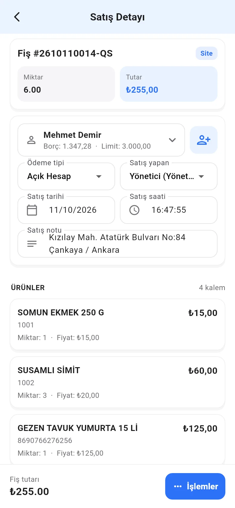 Mobil satış detayında satış tarihi ve saati