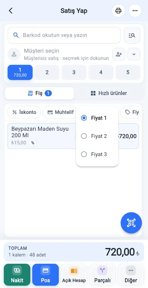 Mobil satış ekranında fiyat türü listesi: Fiyat 1, Fiyat 2, Fiyat 3