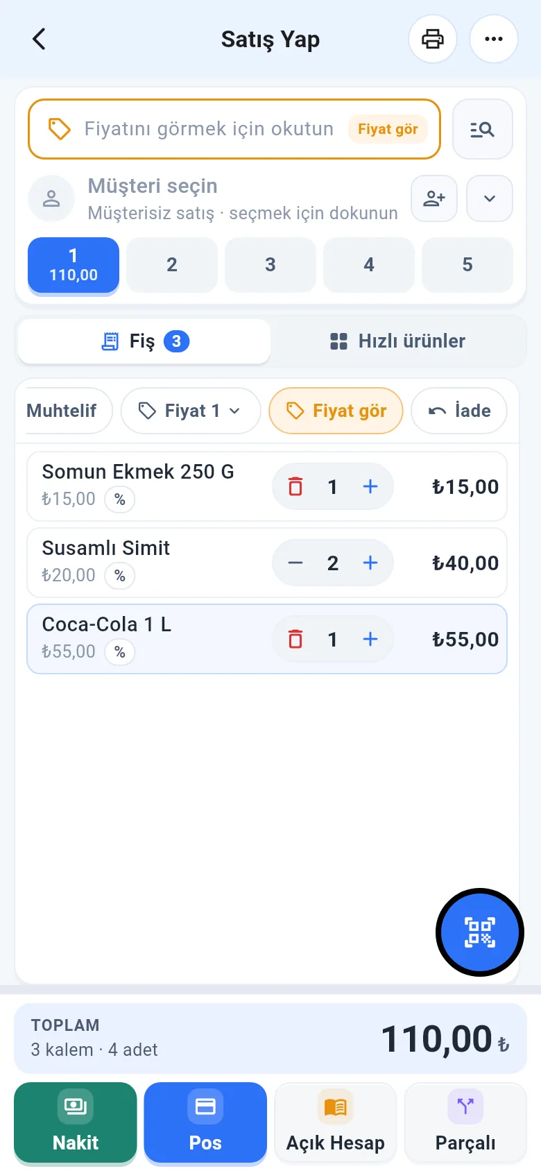 Mobil fiyat gör modu: turuncu barkod alanı