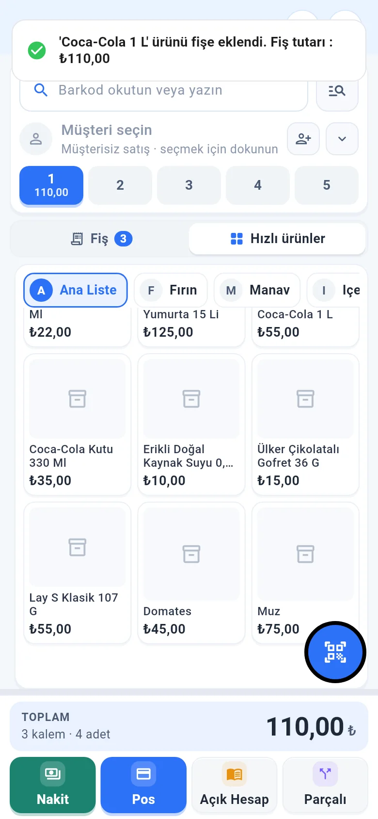 Mobil hızlı ürünler sekmesi