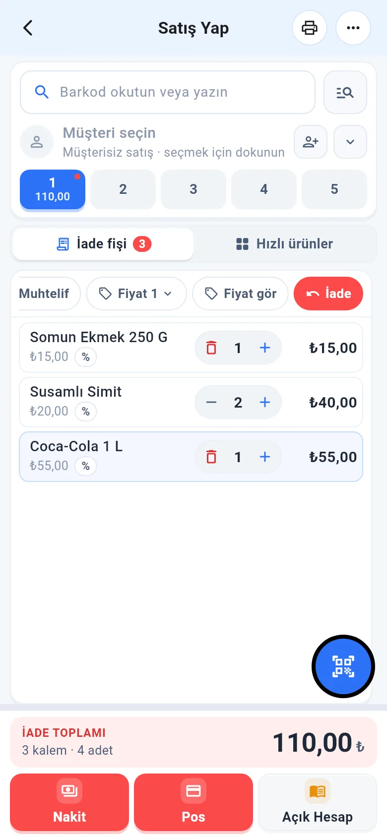 Mobil satış ekranında iade modu: iade fişi ve iade toplamı
