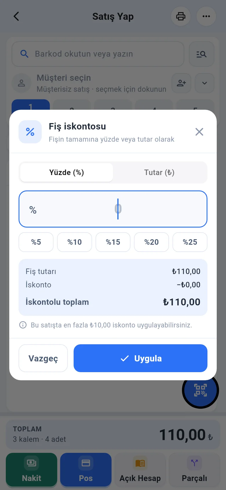 Mobil fiş iskontosu penceresi: yüzde veya tutar, hazır değerler ve iskontolu toplam