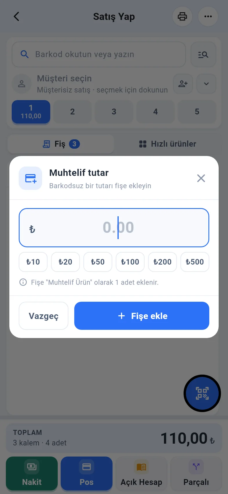 Mobil muhtelif tutar penceresi: tutar alanı ve hazır tutarlar