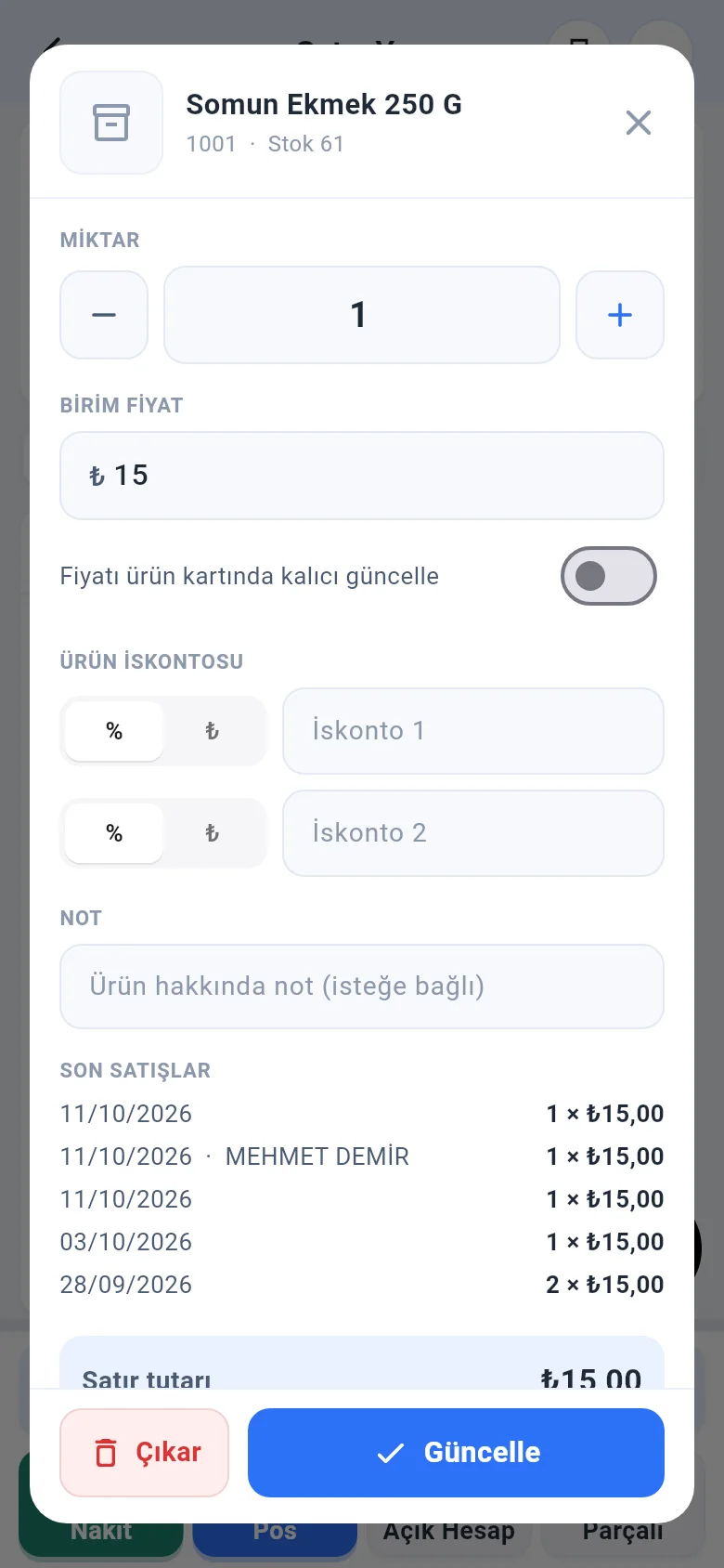 Mobil satır düzenleme penceresi: miktar, birim fiyat, ürün iskontosu, not ve son satışlar
