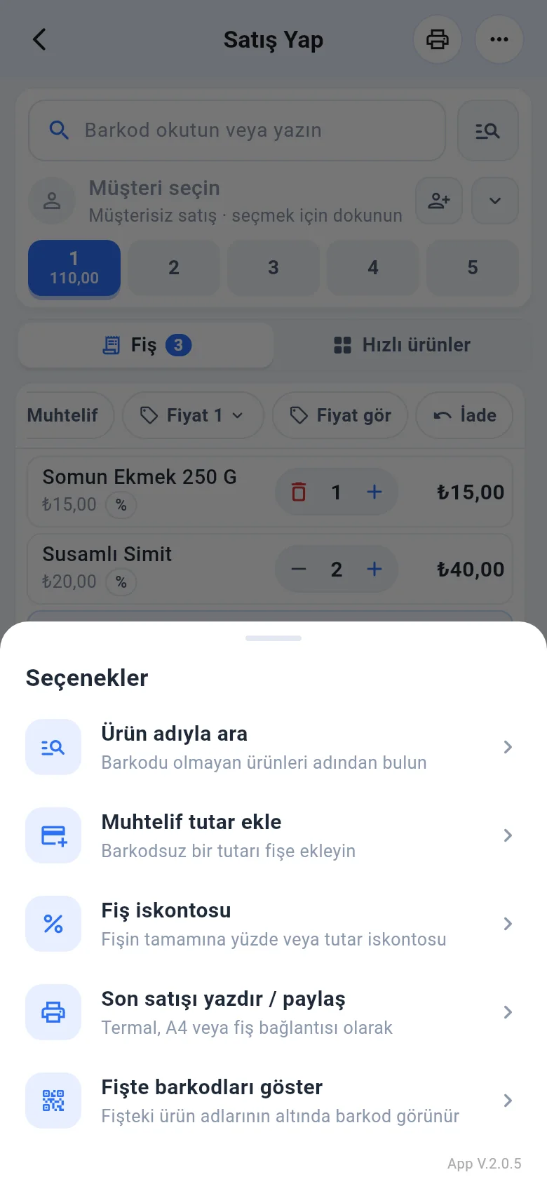 Mobil satış ekranı seçenekler menüsü