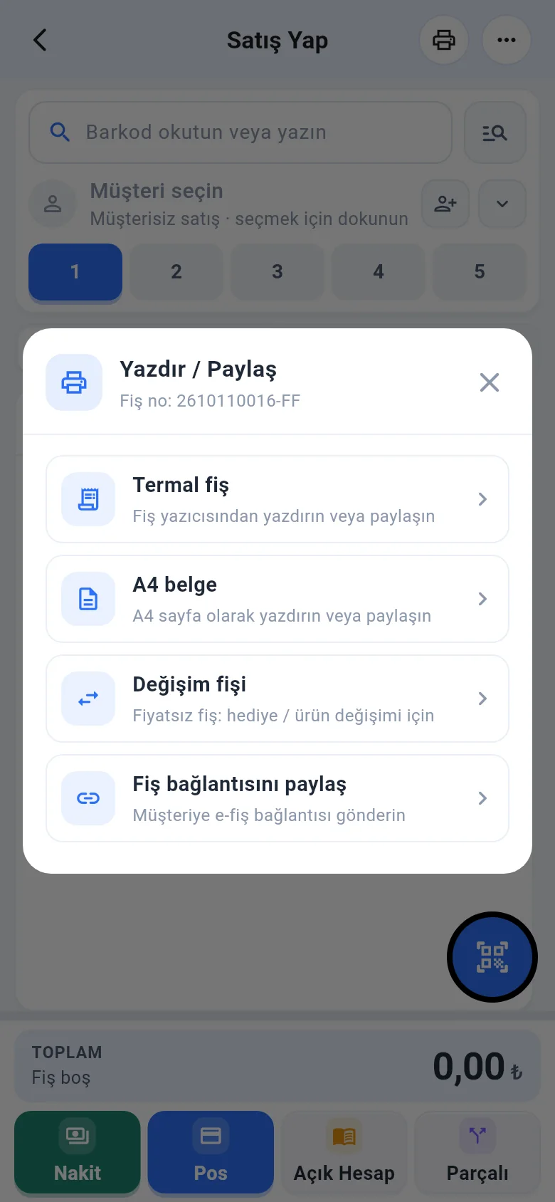 Mobil yazdır / paylaş penceresinde değişim fişi