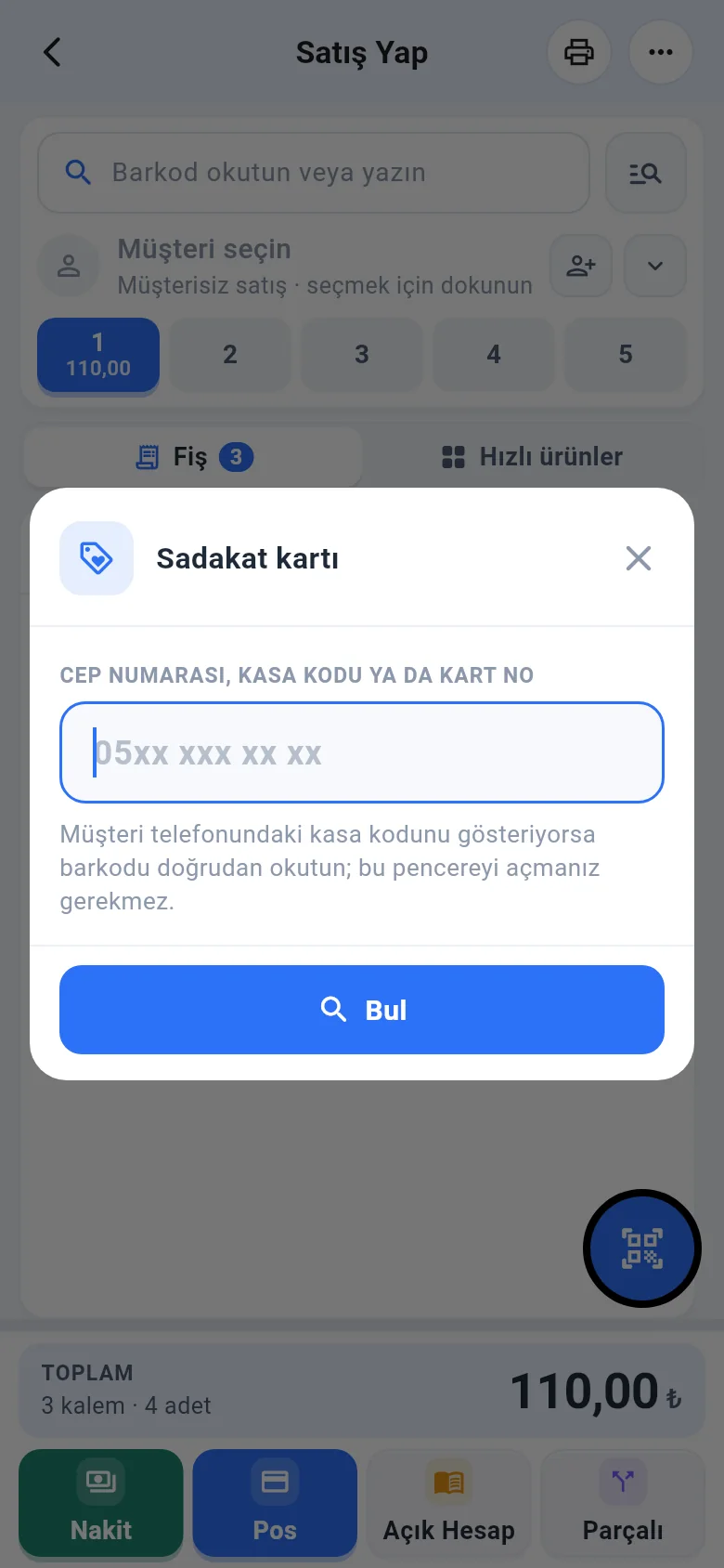 Mobil Sadakat kartı penceresi: numara ve Bul