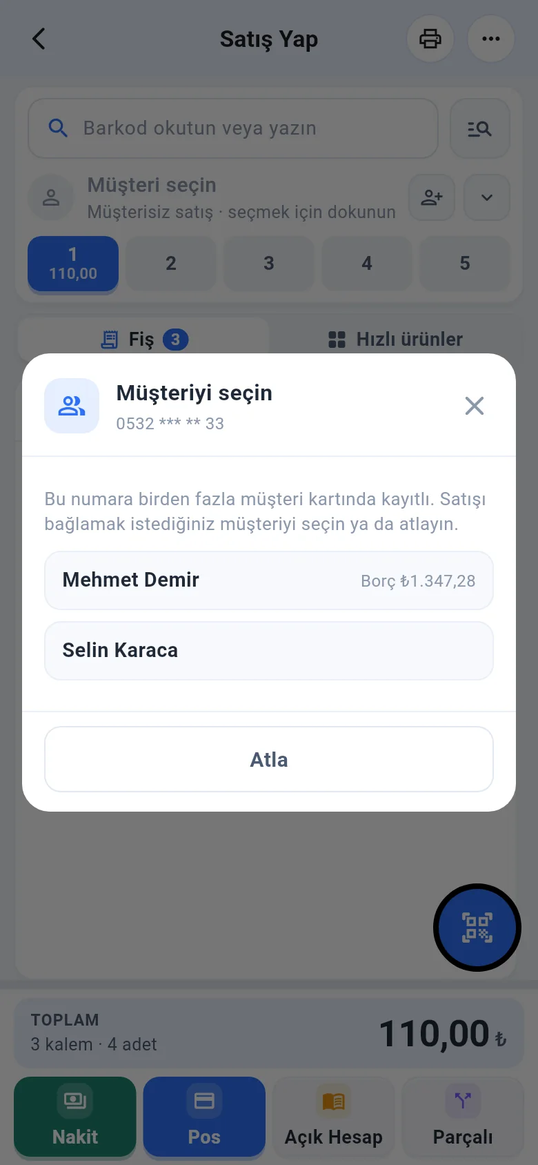 Mobil Müşteriyi seçin penceresi