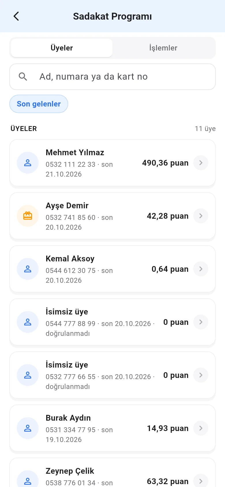 Mobil Sadakat Programı: üye listesi