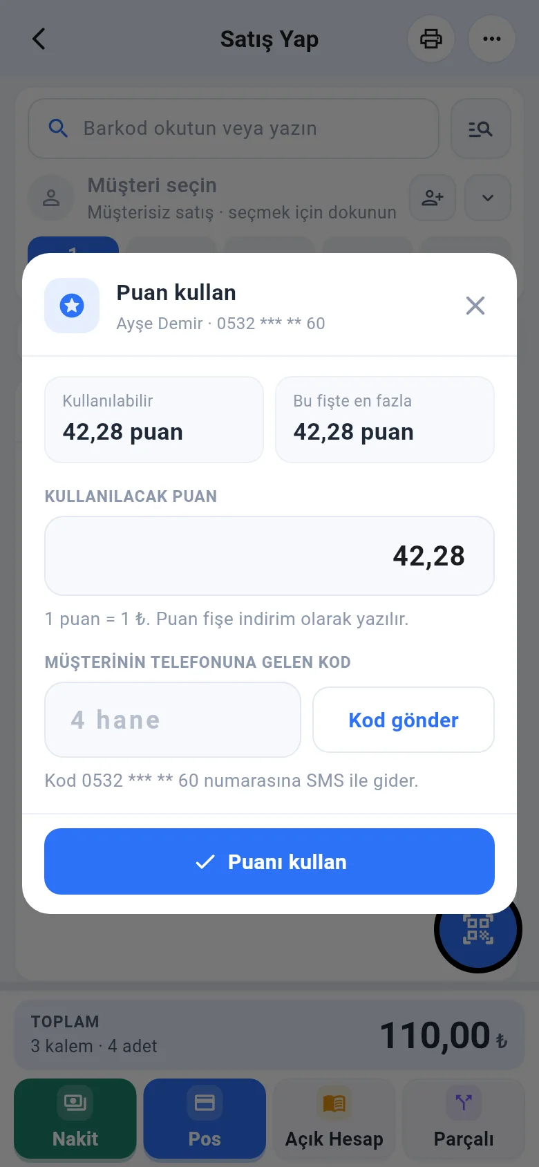 Mobil Puan kullan penceresi