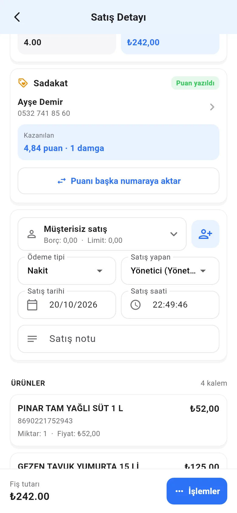 Mobil satış detayında Sadakat kartı ve Puanı başka numaraya aktar