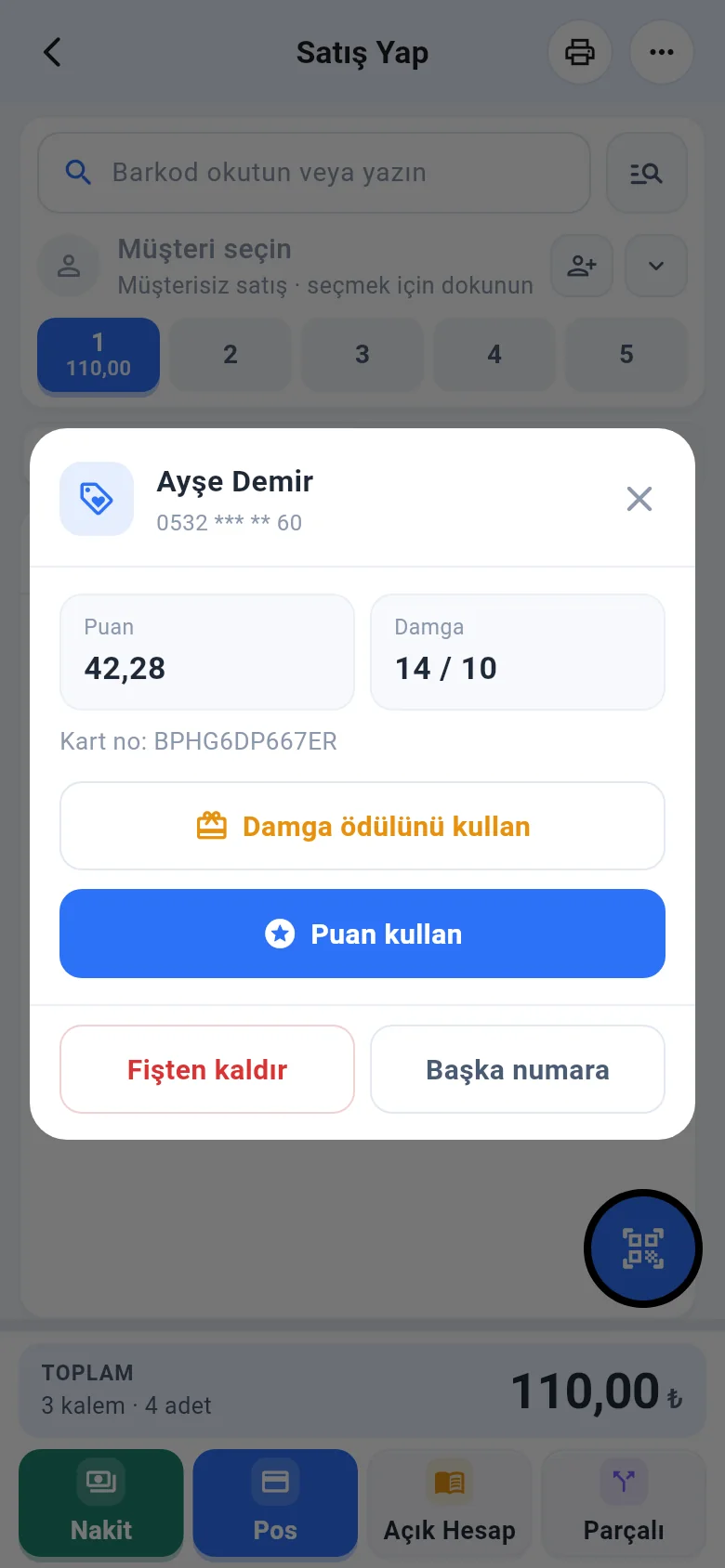 Mobil: müşterinin puanı, damgası ve sadakat işlemleri