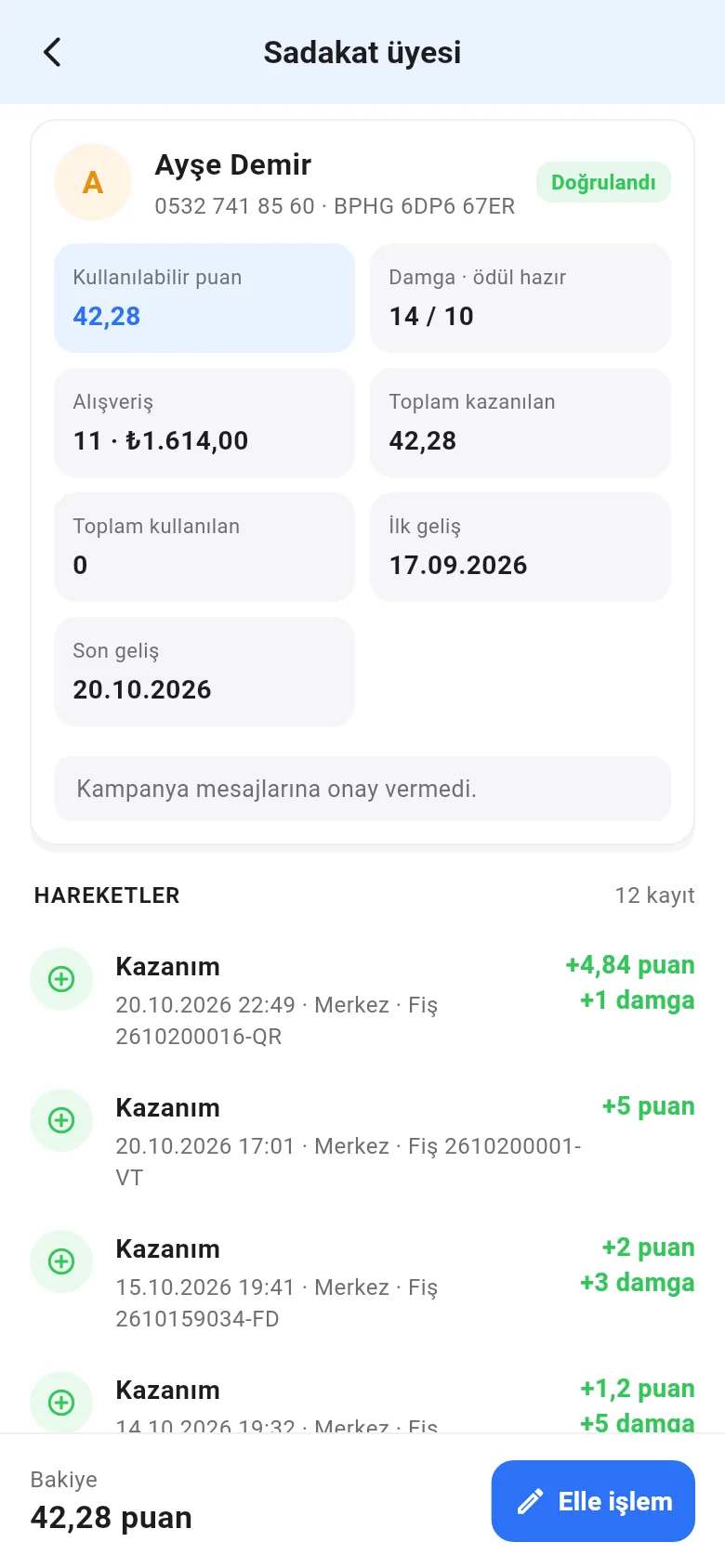 Mobil üye kartı: puan, damga, hareketler ve Elle işlem