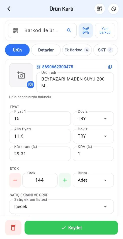 Mobil ürün kartı sekmeleri: Ürün, Detaylar, Ek Barkod, SKT