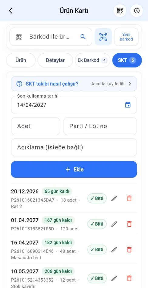Mobil SKT sekmesi: nasıl çalışır satırı, tarih, adet, parti / lot no, açıklama, Ekle ve partiler