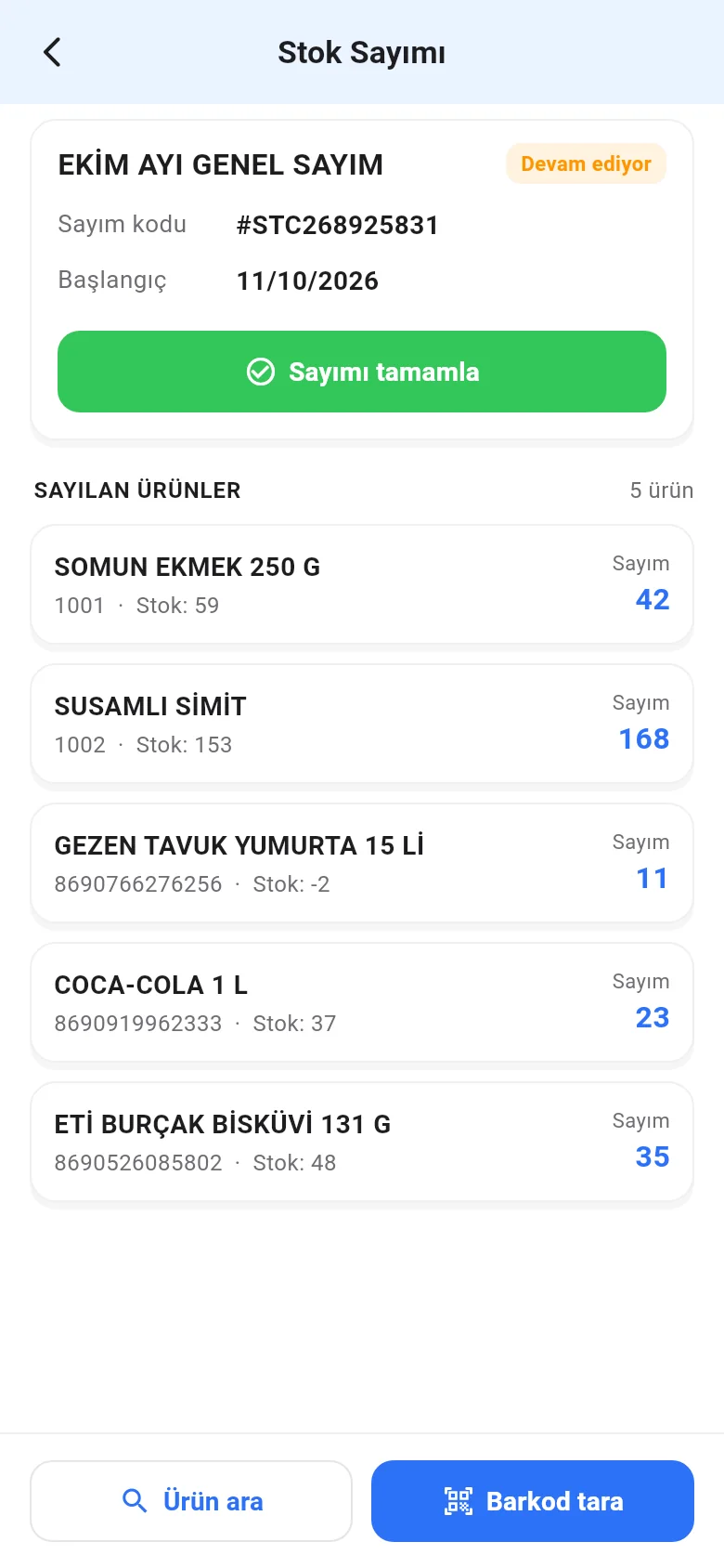 Mobil stok sayımı: sayılan ürünler, ürün ara, barkod tara ve sayımı tamamla