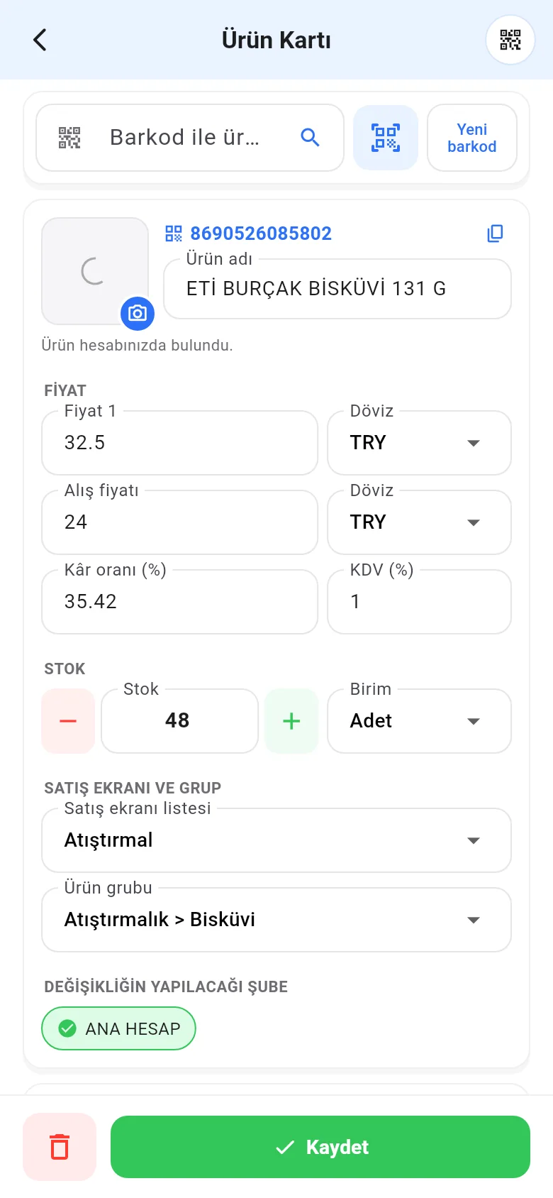 Mobil ürün kartı: barkod, ürün adı, fiyat, alış fiyatı, KDV, stok ve satış ekranı listesi
