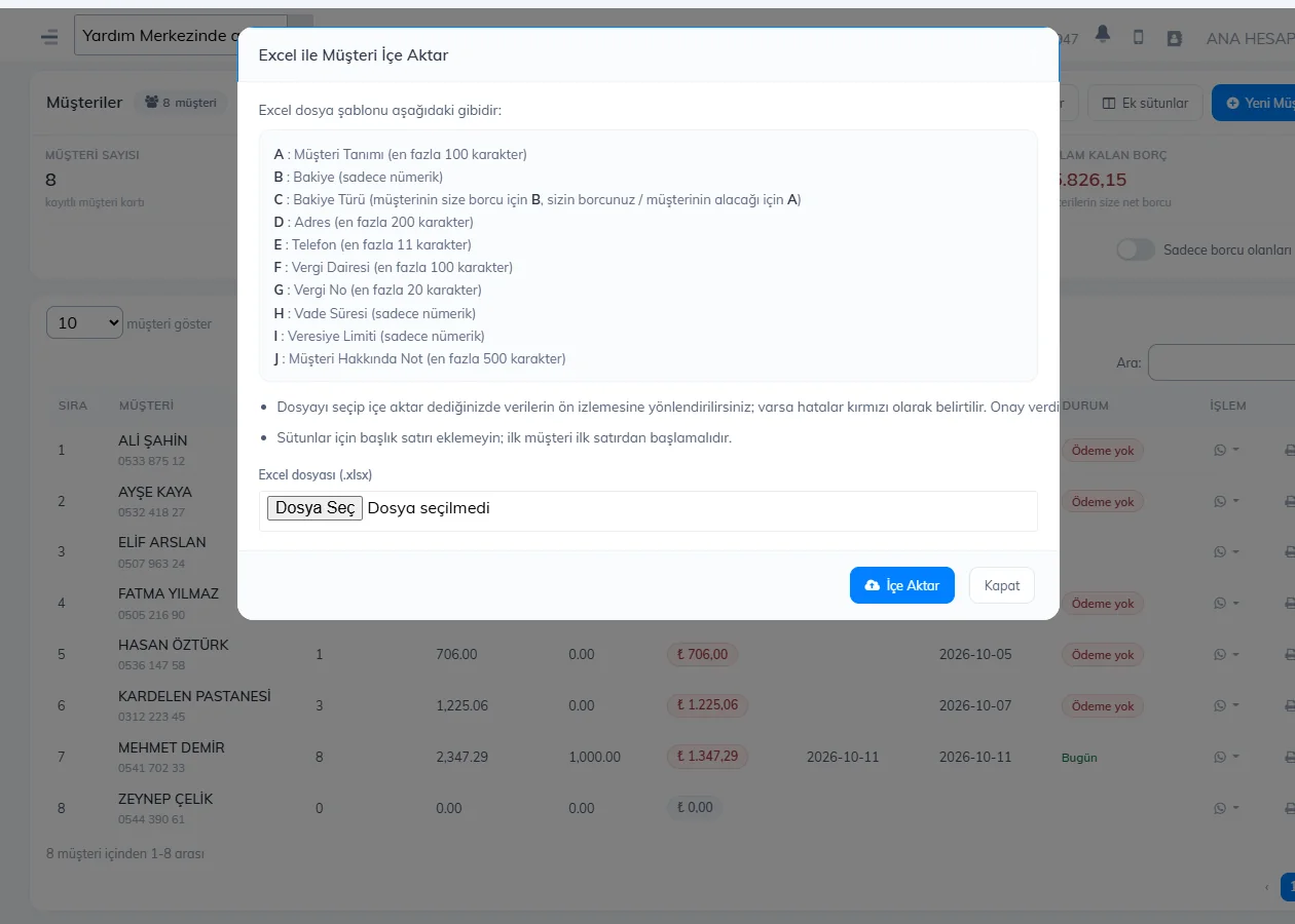 Excel ile müşteri içe aktar penceresi: sütun düzeni ve dosya seçimi