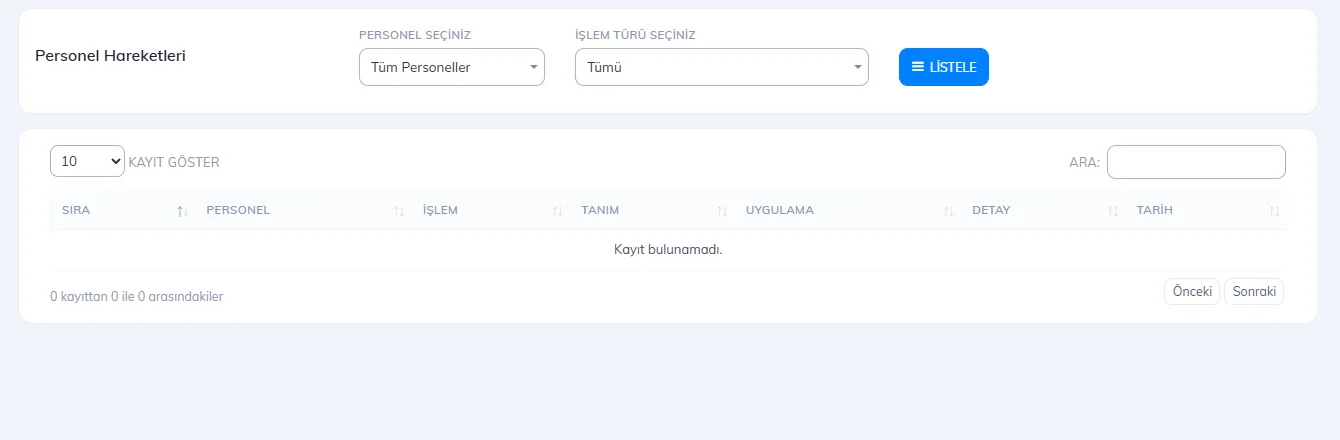 Personel hareket raporu: personel ve işlem türü seçimi