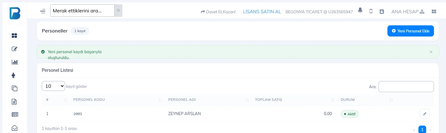 Personel listesi: personel kodu, adı, toplam satış ve durum