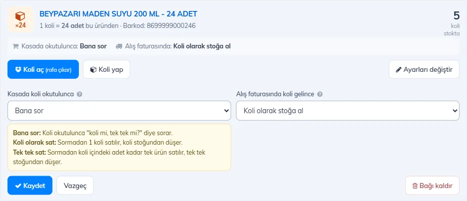 Ayarları değiştir: kasada ve alışta seçimi, soru işareti açıklaması, Kaydet ve Bağı kaldır