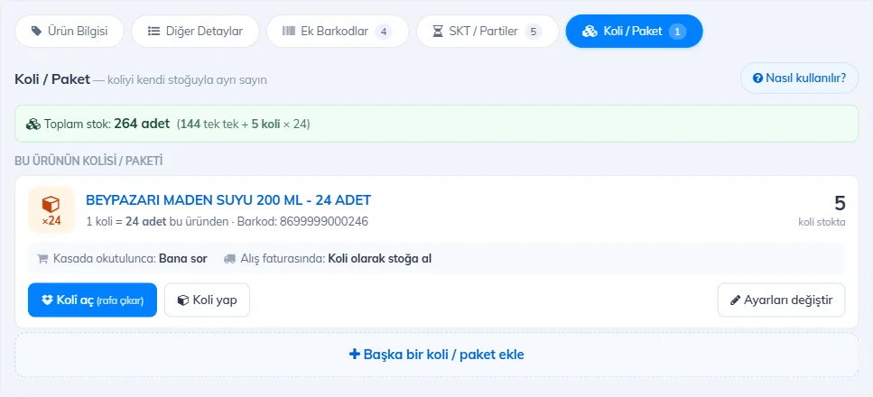 Koli / Paket sekmesi: Nasıl kullanılır düğmesi, toplam stok, koli kartı, kasada ve alışta ne olacağı, Koli aç ve Ayarları değiştir düğmeleri, Koli / paket ekle