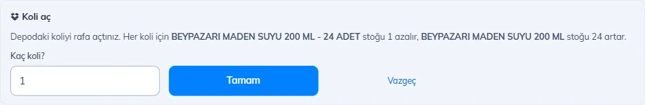 Koli aç: kaç koli açıldığı ve Tamam düğmesi
