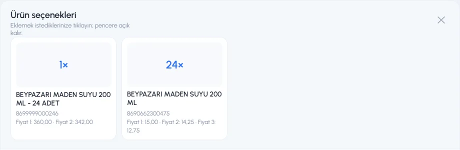 Satış ekranı Ürün seçenekleri: 1 koli ya da 24 tek ürün