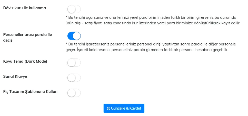 Other Settings: use exchange rates, password between staff, dark theme, virtual keyboard and receipt design template switches
