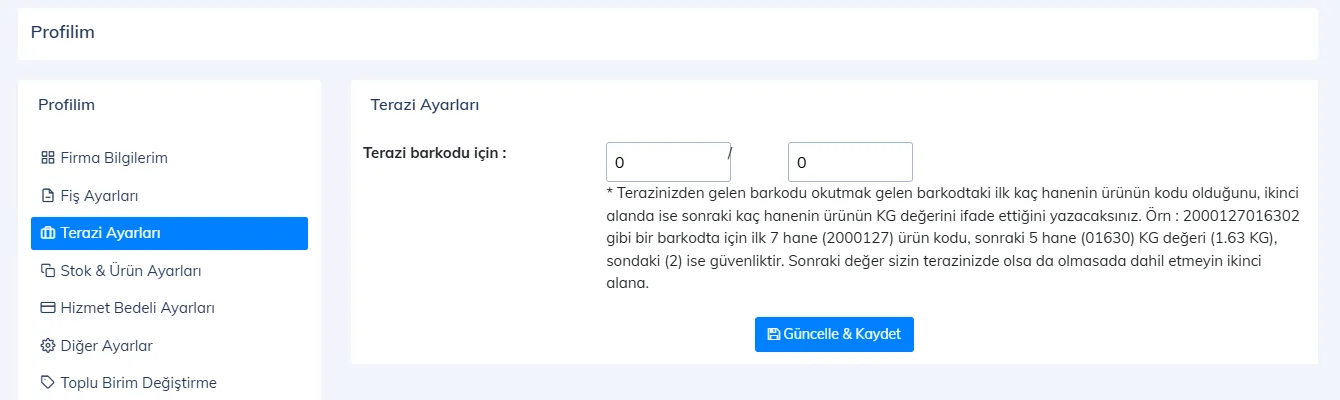 Terazi ayarları: ürün kodu hane sayısı ve ağırlık hane sayısı