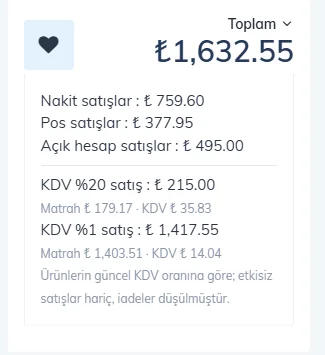 Toplam kartı açıkken: ödeme tiplerine göre dağılım, KDV yüzde 20 ve yüzde 1 satış, matrah ve KDV tutarları