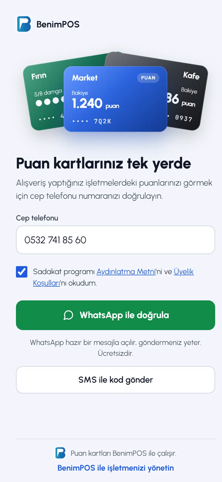 Müşteri sayfası giriş: cep telefonu, onay kutusu, WhatsApp ile doğrula, SMS ile kod gönder