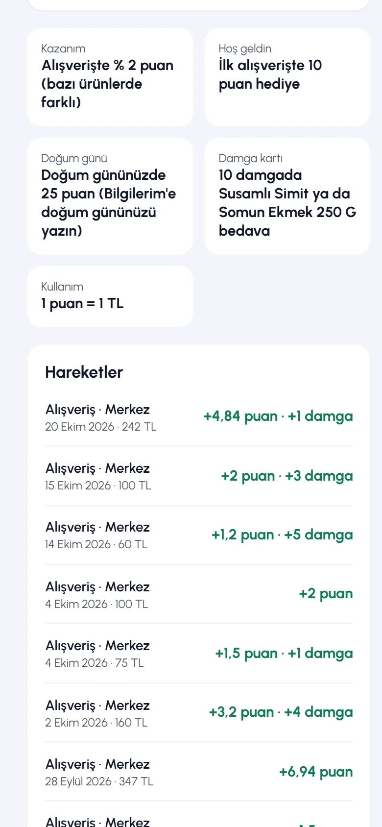 Kart kuralları ve hareketler: kazanım, hoş geldin, doğum günü, damga kartı
