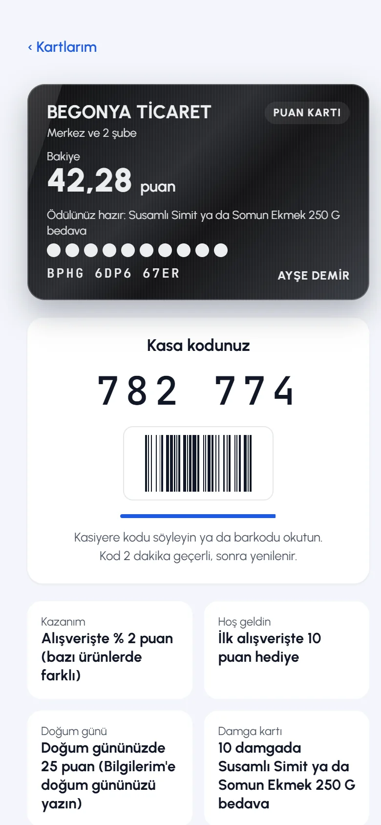 Kart ayrıntısı: bakiye, damga ödülü ve kasa kodu barkodu