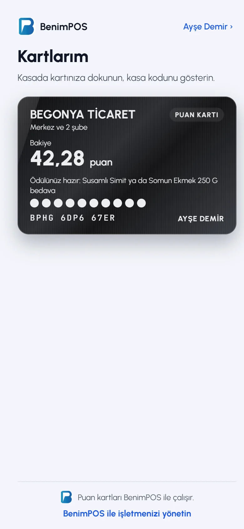 Kartlarım: işletmenin puan kartı ve bakiye