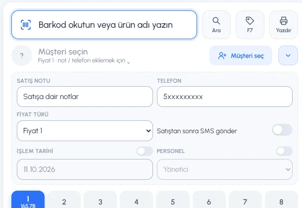 Satış ekranı detay bölümü: satış notu, telefon, fiyat türü, SMS, işlem tarihi ve personel