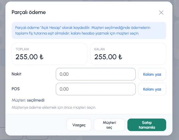 Parçalı ödeme penceresi: toplam, kalan, nakit ve POS tutarları