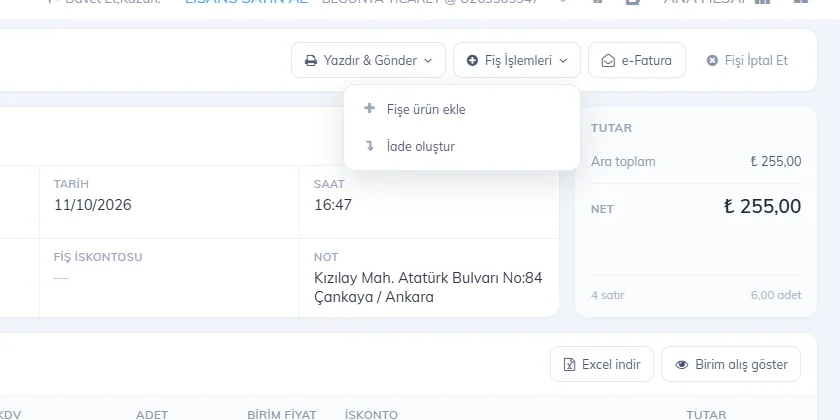 Fiş işlemleri menüsü: fişe ürün ekle ve iade oluştur