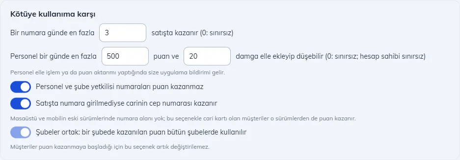 Kötüye kullanıma karşı: günlük satış sınırı, personel elle işlem sınırı ve diğer seçenekler
