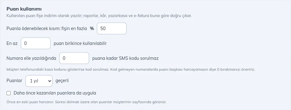 Puan kullanımı: puanla ödenebilecek kısım, en az puan, SMS kodu sınırı ve geçerlilik süresi